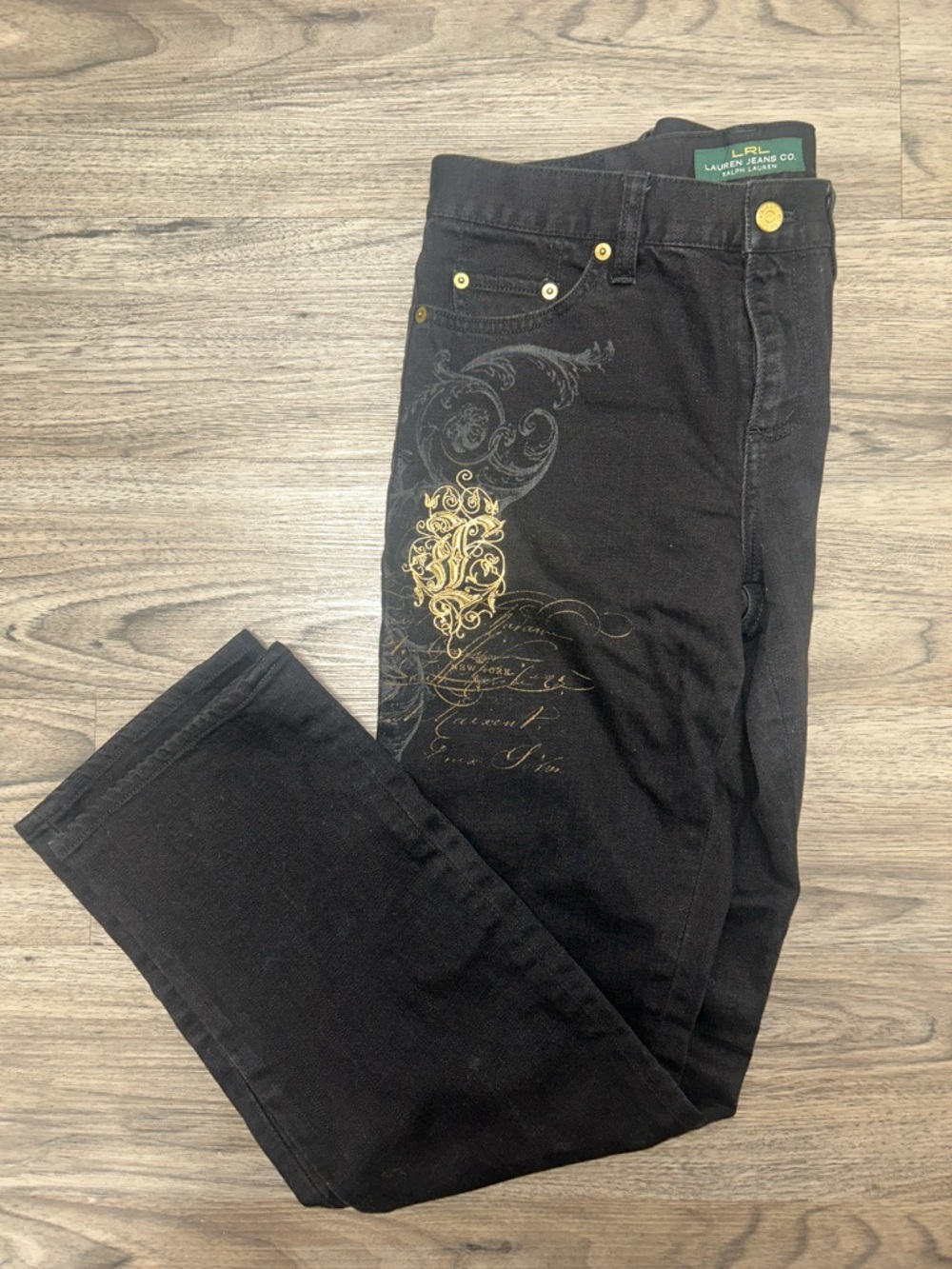 LRL Lauren Ralph Lauren Jeans Co vintage Black Jeans with Gold Embroidery Size 4